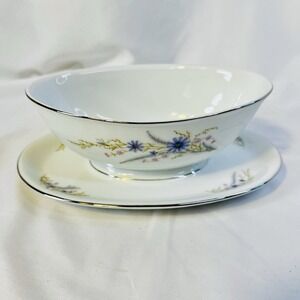 Vtg HIRA China Fontaine Gravy Boat Attatched Saucer Purple White Gray 1 Piece